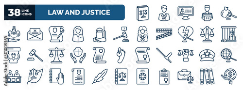 set of law and justice web icons in outline style. thin line icons such as labour and social law, innocent, wills and trusts, ask a lawyer, prisioner, legal paper, police cap, criminal record