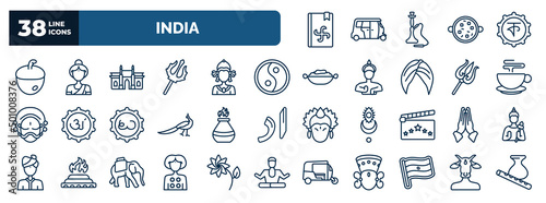 set of india web icons in outline style. thin line icons such as vedas, nut, gate of india, sarnaism, indian tea, tandoori, namaste, kali, india badge, varaja vector.