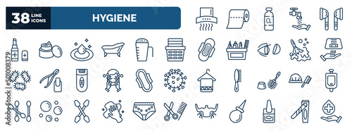 set of hygiene web icons in outline style. thin line icons such as extractor, lip balm, purity, laundry basket, drying hands, hygienic pad, shower cap, dust cleaning, varnish, nail clippers