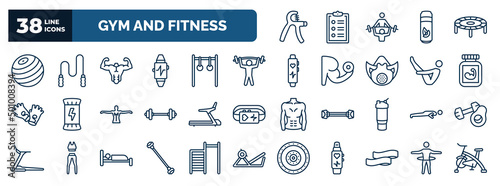 set of gym and fitness web icons in outline style. thin line icons such as grip, gymnastic ball, bodybuilder, barbell weightlifting, phytonutrients, training apparatus, pushups exercises, exercise