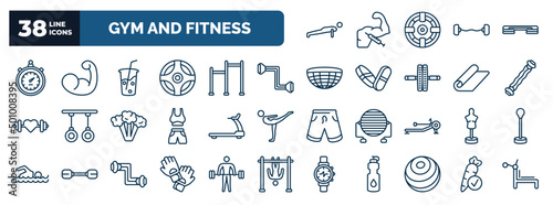 set of gym and fitness web icons in outline style. thin line icons such as push up, big stopwatch, vegetables juice, resistance, sport expander, running hine, boxing mannequin, , fitness ball