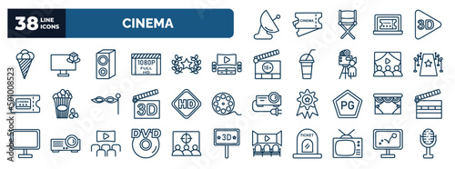 set of cinema web icons in outline style. thin line icons such as satellite tv dish, stripped ice cream cone, loud woofer box, home theater, red carpet, hd video, cinema curtains, hd dvd, television