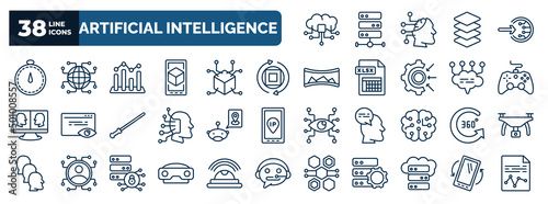 set of artificial intelligence web icons in outline style. thin line icons such as cloud computing, velocity, value, rotation, game control, geolocation, 360 degree, stereoscope, storage, tilt