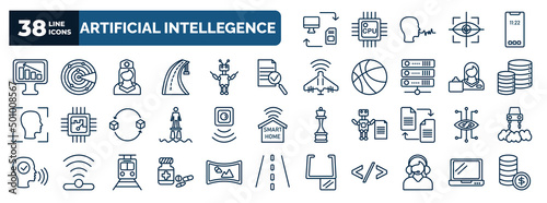 set of artificial intellegence web icons in outline style. thin line icons such as data transfer, business, nurse, evaluation, database, motion sensor, smart lens, medicine, assistant, laptop
