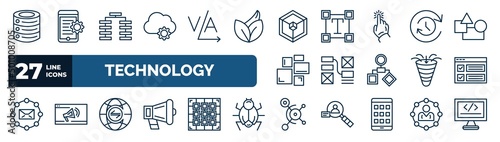 set of technology web icons in outline style. thin line icons such as caching, devops, frameworks, uptime and downtime, wireframe, selector, internet traffic, social graph vector.