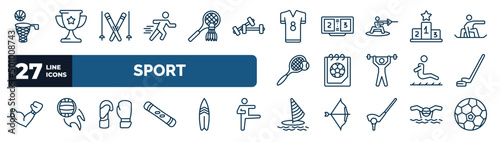 set of sport web icons in outline style. thin line icons such as basketball, sprint, football jersey, podium, match, hockey, boxing gloves, windsurf vector.