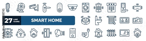 set of smart home web icons in outline style. thin line icons such as illumination, smart lock, home devices, handle, smart toilet, thermostat, power, zero emission vector.