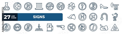 set of signs web icons in outline style. thin line icons such as chemical products, heat, pet, high heels, hospital, phary, no food, no cut vector.