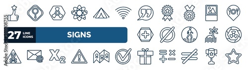 set of signs web icons in outline style. thin line icons such as superior, atom, quotes, placeholders, empty, radioactive, subscript, gift shop vector.