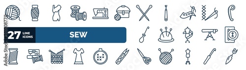 set of sew web icons in outline style. thin line icons such as yarn, , knitting neddles, stiching, pincushion, buttonhole, handloom, sewing scissors vector.