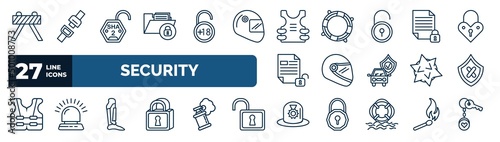 set of security web icons in outline style. thin line icons such as barricade, lock folder, bullet proof vest, locked file, motorbike helmet, unsecure, leg protector, police helmet vector.