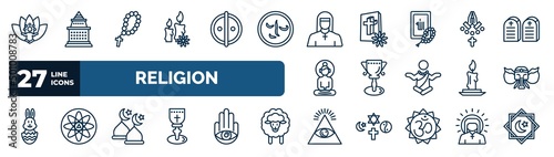 set of religion web icons in outline style. thin line icons such as lotus position, candles, anglican, faith, goblet, ganesha, abrahamic, cao dai vector.