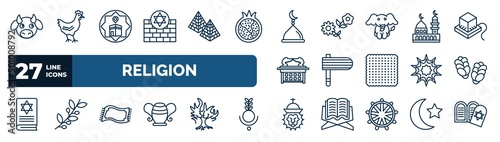 set of religion web icons in outline style. thin line icons such as sacred cow, kotel, mosque domes, medina, gragger, challah, magic carpet, lion of judah vector.