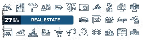 set of real estate web icons in outline style. thin line icons such as rent, tenant, blueprint, house front view, for sale, house key, industrial park, map location vector.