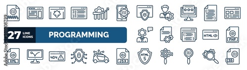 set of programming web icons in outline style. thin line icons such as archive, program interface, authorize, software, article, php, error 404, html5 vector.