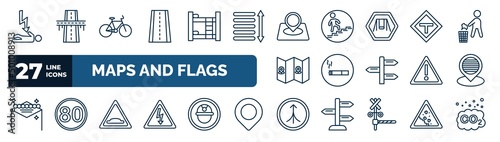 set of maps and flags web icons in outline style. thin line icons such as electrocution risk, street, location marker, t road intersection, smoke zone, placeholder point, speed breaker, road joining