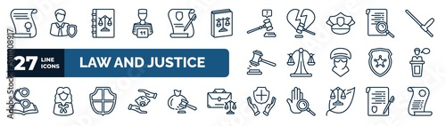 set of law and justice web icons in outline style. thin line icons such as scroll with law, convict, ask a lawyer, investigation, law balance, witness, defense, qualified protection vector.