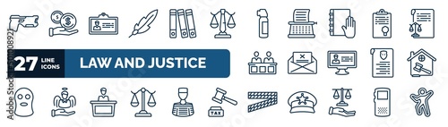 set of law and justice web icons in outline style. thin line icons such as electroshock weapon, feather pen, pepper spray, policy, crime letter, real estate law, court trial, police line vector.