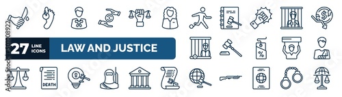 set of law and justice web icons in outline style. thin line icons such as murder, property and finance, escape, guilty, gavel, accident and injuries, intellectual property, diploy vector.