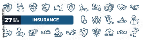 set of insurance web icons in outline style. thin line icons such as bank safe, retirement, hail on the car, heart insurance, funeral, robbery, house insurance, mortgage vector.