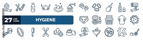 set of hygiene web icons in outline style. thin line icons such as sanitary, body odour, cotton, lip balm, cosmetics, pathogen, primp, drying hands vector.