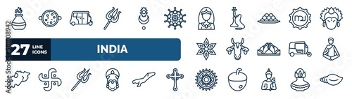 set of india web icons in outline style. thin line icons such as tandoori, trident, chandra, tamil language, indian cow, guru, shaivism, rangoli vector. photo