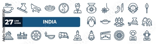 set of india web icons in outline style. thin line icons such as indian tea, kanji vadas, ugadi, yakshagana, curry, indian elephant, bihu, hanuman vector.