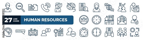 set of human resources web icons in outline style. thin line icons such as man, call, onboarding, selection process, 12 hours, hired, chess clock, timing vector.