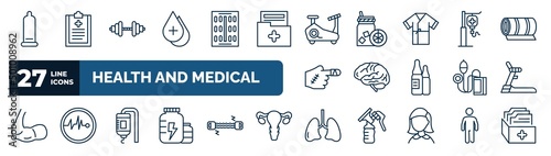 set of health and medical web icons in outline style. thin line icons such as condom, blood drop, stationary bike, saline, neurology, treadmill, medical drip, lung vector.