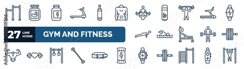 set of gym and fitness web icons in outline style. thin line icons such as gym ladder, running hine, trainers, training apparatus, man swimming, gymnastic roller, rings exercises, training watch