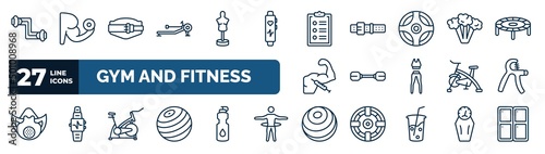 set of gym and fitness web icons in outline style. thin line icons such as arms extender, rowing hine, to do list, broccoli porcion, little dumbbell, grip, exercise bike, fitness ball vector.