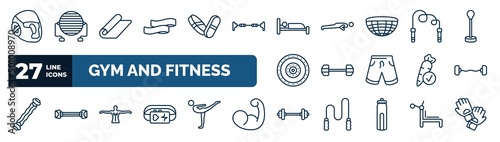 set of gym and fitness web icons in outline style. thin line icons such as headgear, resistance band, sleep, skipping rope, dumbbells exercise, dumbbells bar, anatomy, lifting barbell vector.