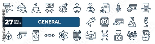 set of general web icons in outline style. thin line icons such as direct marketing, active sensor, advertising agency, credit limit, ar presentation, electric plug, e-privacy, computing technology