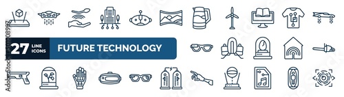 set of future technology web icons in outline style. thin line icons such as augmented reality, building, kettle, smart clo, jetpack, chainsaw, wired gloves, robot arm vector.