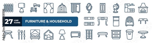 set of furniture & household web icons in outline style. thin line icons such as heating unit, curtain, mirror, cabinets, adornment, table linens, canopy bed, armoire vector.