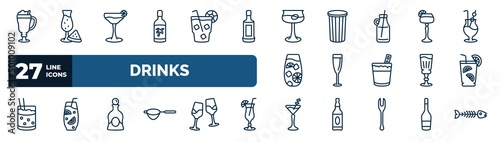 set of drinks web icons in outline style. thin line icons such as latte, malibu, martinez, sidecar drink, glass of wine, caipirinha, liquor, manhattan drink vector.