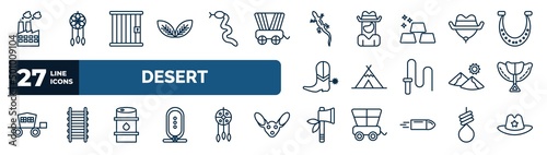 set of desert web icons in outline style. thin line icons such as industry, tobacco, lizard, cowboy hat, wigwam, saddle, petroleum, tomahawk vector.