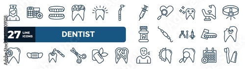 set of dentist web icons in outline style. thin line icons such as male nurse, holed tooth, empty syringe, dentist chair, periodontal scaler, cavities, tooth filling, sick boy vector.