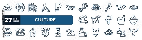 set of culture web icons in outline style. thin line icons such as meat pie, australian boomerang, ajotomate, chorizo, capoeira brazil dancers, sleigh bell, mud hut, orujo vector.