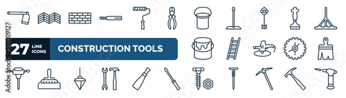 set of construction tools web icons in outline style. thin line icons such as gardening digger, drawing, bucket, bolster, ladder, paint brush, plumb bob, nuts and bolts vector.