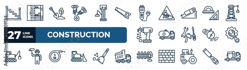 set of construction web icons in outline style. thin line icons such as stairs with handle, two screws, clippers, angle ruler, fuel truck, wrench and gear, five meters ruler, garden fence vector.