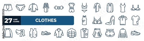 set of clothes web icons in outline style. thin line icons such as boxers, housecoat, lingerie, tanktop, brassiere, t-shirt, waistcoat, chemise vector.