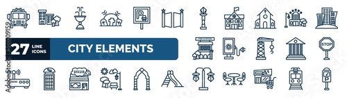 set of city elements web icons in outline style. thin line icons such as fire truck, cementery, street lamp, motel, lightbox, stop, pizzeria, street light vector.