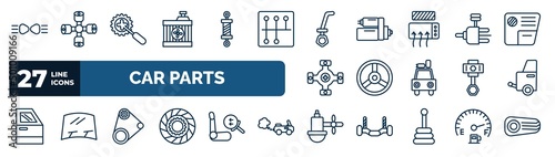 set of car parts web icons in outline style. thin line icons such as car parking light, car radiator, dipstick, distributor, horn, towbar, fan belt, sump vector.