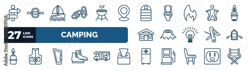 set of camping web icons in outline style. thin line icons such as direction, rope, sleeping bag, wingsuit, stump, inflatable boat, carabiner, freezer vector.
