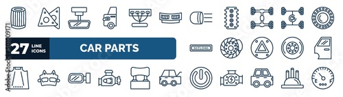 set of car parts web icons in outline style. thin line icons such as car oil filter, car petrol cap, headlight, suspension, disc brake, door, wing mirror, ignition vector.