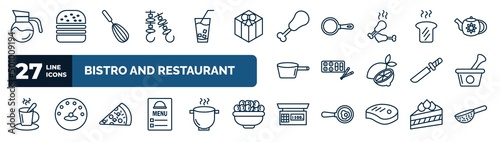 set of bistro and restaurant web icons in outline style. thin line icons such as coffe pot, two brochettes, fried chicken thighs, toasted bread, sushi mix, mortar with e, pepperoni pizza slice,