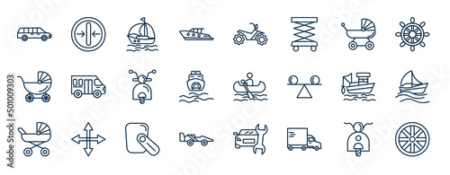 set of transport web icons in outline style. thin line icons such as long car, yacht navigate, pram, school van, boating, sailing, hands free device, heavy vehicle vector.