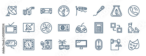 set of technology web icons in outline style. thin line icons such as dish, vehicle speedometer, biomass, tv and satellite, big joystick, customs, entertainer, wireless mouse vector.