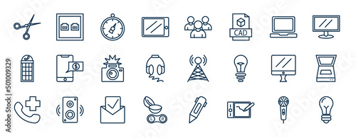 set of technology web icons in outline style. thin line icons such as hairdressing tools, horizontal tablet, laptop frontal monitor, receive money message, cell tower, scanner with cover, received,